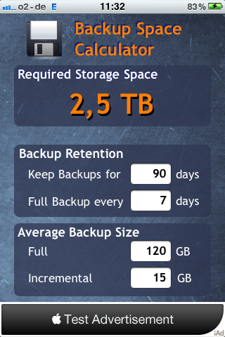 Backup Space Calculator Screenshot